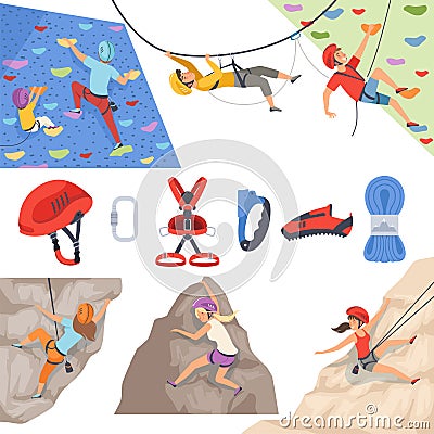 Mountain climbers. Mountaineering equipment for extreme sport rockie hills explore helmet rope carabiner for climber Vector Illustration