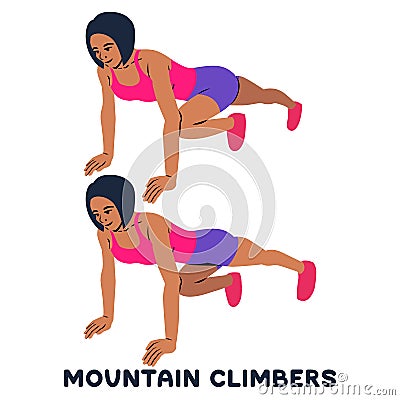 Mountain climbers. Sport exersice. Silhouettes of woman doing exercise. Workout, training Cartoon Illustration