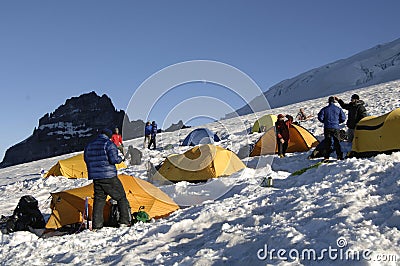 Mountain climbers with tents Editorial Stock Photo