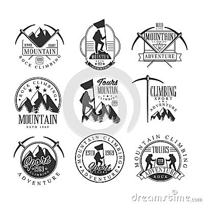 Mountain Climbing Extreme Adventure Tour Black And White Sign Design Templates With Text And Tools Silhouettes Vector Illustration