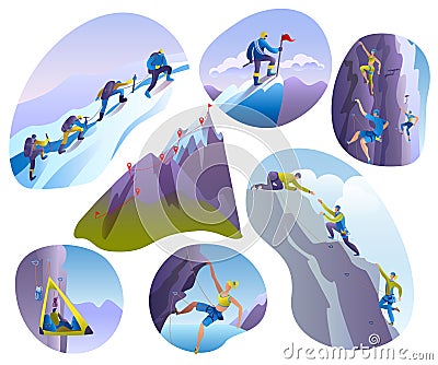 Mountain climbing people vector illustrations isolated on white set. Climber climbs rock wall or mountainous cliff and Vector Illustration