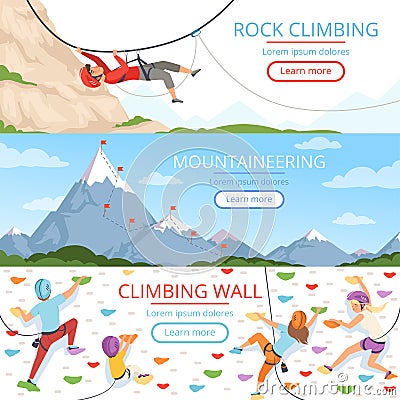 Mountain climbing pictures. Rope carabiner helmet rockie hills people extreme sport vector banners template with place Vector Illustration