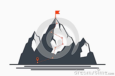 Mountain climbing route to peak. Concept of path to success and goal, way of progress. Plan for climbing to top of mountain. Vector Illustration