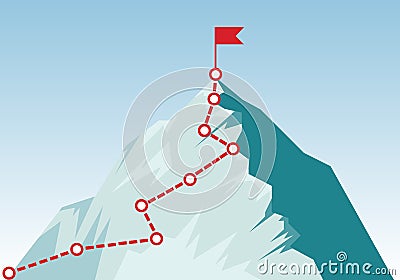 Mountain climbing route to peak in flat style. Concept of Goal, Mission, Vision, Career path. Business journey path in progress to Cartoon Illustration