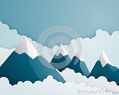 Mountain and cloud scene in paper cut style. Nature landscape clouds and sky background. Vector illustration for wallpaper, poster Vector Illustration