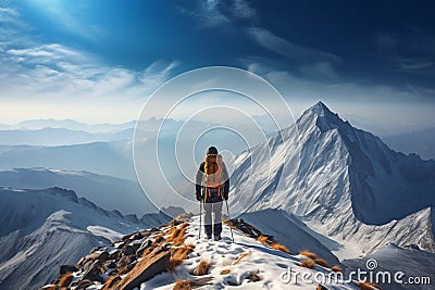Mountain conqueror Hiker on top of the snow covered peak Stock Photo