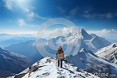 Mountain conqueror Hiker on top of the snow covered peak Stock Photo