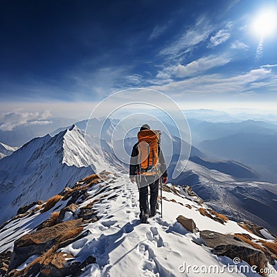 Mountain conqueror Hiker on top of the snow covered peak Stock Photo