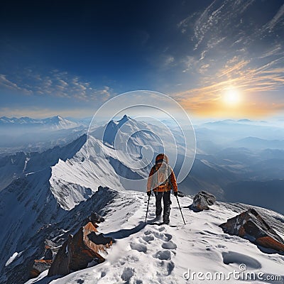 Mountain conqueror Hiker on top of the snow covered peak Stock Photo