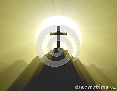 Mountain top cross holy light halo Stock Photo