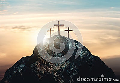 Crucifixion of Jesus Christ, three crosses on hill, 3d rendering Stock Photo