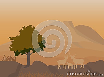 Mountain and deers family at night scene,vector image Vector Illustration