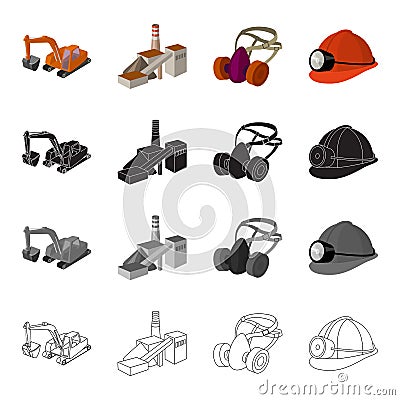 Mountain excavator, mine building, protective respirator, helmet miner. Mining industry set collection icons in cartoon Vector Illustration