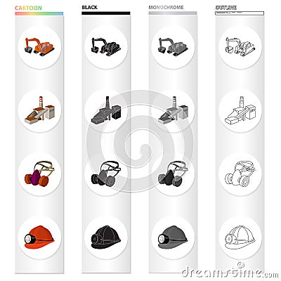 Mountain excavator, mine building, protective respirator, helmet miner. Mining industry set collection icons in cartoon Vector Illustration