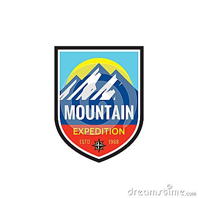 Mountain expedition - concept badge. Climbing logo in flat style. Extreme exploration sticker symbol. Camping & hiking creative Vector Illustration