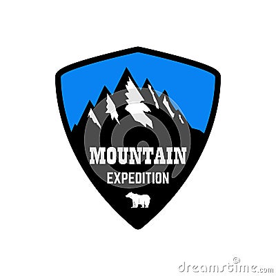 Mountain expedition. Emblem template with rock peak. Design element for logo, label, emblem, sign, poster. Vector Illustration