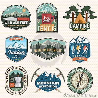 Mountain expedition and outdoor adventure badges. Vector. Concept for badge, patch, shirt, print, stamp or tee. Design Vector Illustration