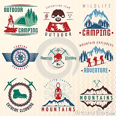 Mountain Expeditions Colorful Emblems Vector Illustration