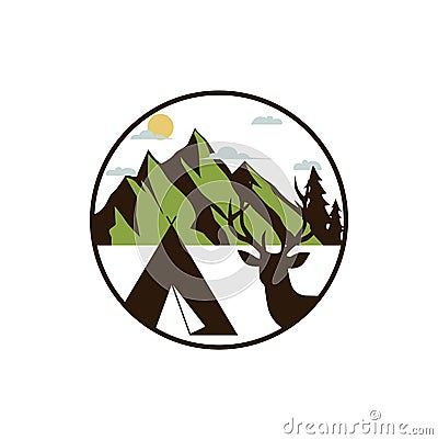 Mountain Explorer Adventure, Deer Hunter, Camping Tent, Badge Vector Design Vector Illustration