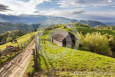 Mountain farm with old wooden house near Bran, Transylvania, Stock Photo