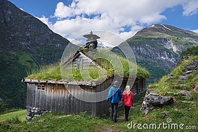 Mountain farms along the Geirangerfjorden fjord Stock Photo