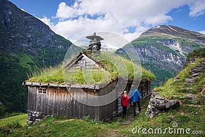 Mountain farms along the Geirangerfjorden fjord, Norway Stock Photo