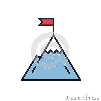 Mountain with flag on a peak. Leadership illustration. Success icon. Line design Vector Illustration