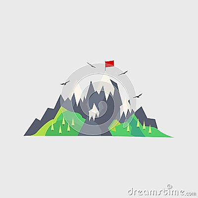 Mountain, flag. Travel. Vector illustration. EPS 10 Cartoon Illustration