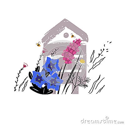 Mountain flowers vector sketch illustration. Alpine meadow honey concept with beehive in summer. Apiary concept Vector Illustration
