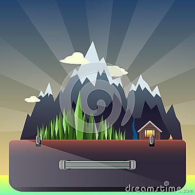 Mountain forest and hunting lodge in the suitcase Vector Illustration