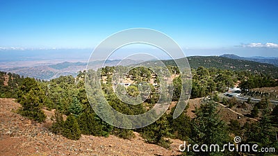 Mountain forest landscape, Troodos nature trail, Cyprus. View from peak Olimbos Stock Photo