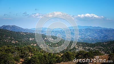 Mountain forest landscape, Troodos nature trail, Cyprus. View from peak Olimbos Stock Photo