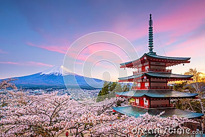 Mountain Fuji and Chureito red pagoda with cherry blossom sakura Stock Photo