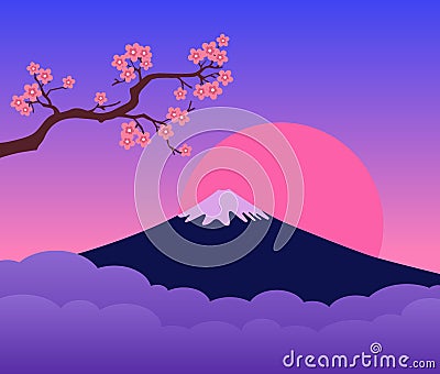 Mountain Fuji Japan Sunset and Cherry Blossoms Branch Vector Illustration