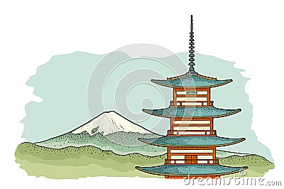 Mountain Fuji in Japan. Vintage color vector engraving illustration Vector Illustration