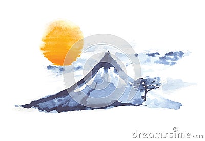Mountain Fuji and sun, japanese art, vector Vector Illustration