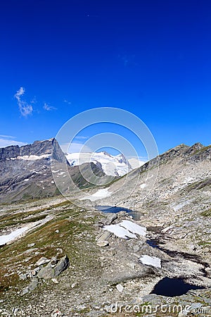 Mountain glacier panorama view with lake, summit Grossvenediger and Kristallwand, Hohe Tauern Alps, Austria Stock Photo