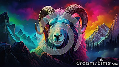 mountain goat head portrait DMT styles, Vivacious Stock Photo