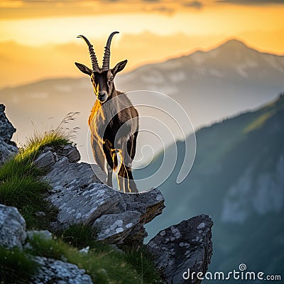 mountain goat , ibex perch on a rocky outcrop, overlooking a breathtaking landscape. Stock Photo