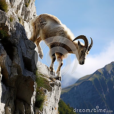mountain goat , ibex perch on a rocky outcrop, overlooking a breathtaking landscape. Stock Photo