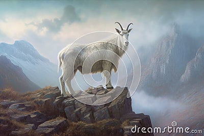 mountain goat standing proudly on a rock with expansive landscape behind it Stock Photo