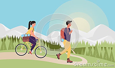 Mountain hike, cartoon flat tourist traveler people traveling together, girl riding bike, guy hiking Vector Illustration