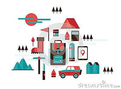 Mountain hiking and climbing Camping Travel Recreation Sport design elements Cartoon Illustration