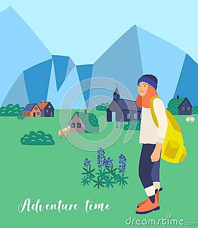 Mountain hiking flat vector illustration. Female tourist cartoon character. Wandering woman. Tour abroad, trip round-the Vector Illustration