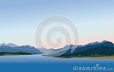 Mountain and hills landscape. Rural skyline. Lake view. Lagoon r Stock Photo