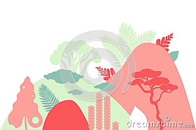 Mountain hilly landscape with tropical plants and trees, palms, succulents. Asian landscape in green, red color. Vector Illustration