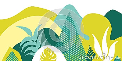Mountain hilly landscape with tropical plants and trees, palms, succulents. Asian landscape in warm pastel colors. Vector Illustration