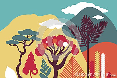 Mountain hilly landscape with tropical plants and trees, palms, succulents. Vector Illustration