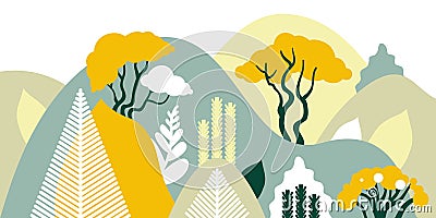 Mountain hilly landscape with tropical plants and trees, palms, succulents. Scandinavian style. Environmental protection, ecology. Vector Illustration