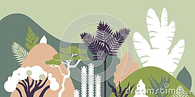 Mountain hilly landscape with tropical plants and trees, palms, succulents. Scandinavian style. Environmental protection, ecology. Vector Illustration